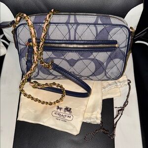 Coach Blue and Gray Denim Crossbody Bag with Gold Chain